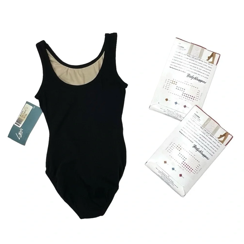 Body Wrappers 2 Pair Footed Tights Black M/L + Leo’s Large Black Leotard New NWT
